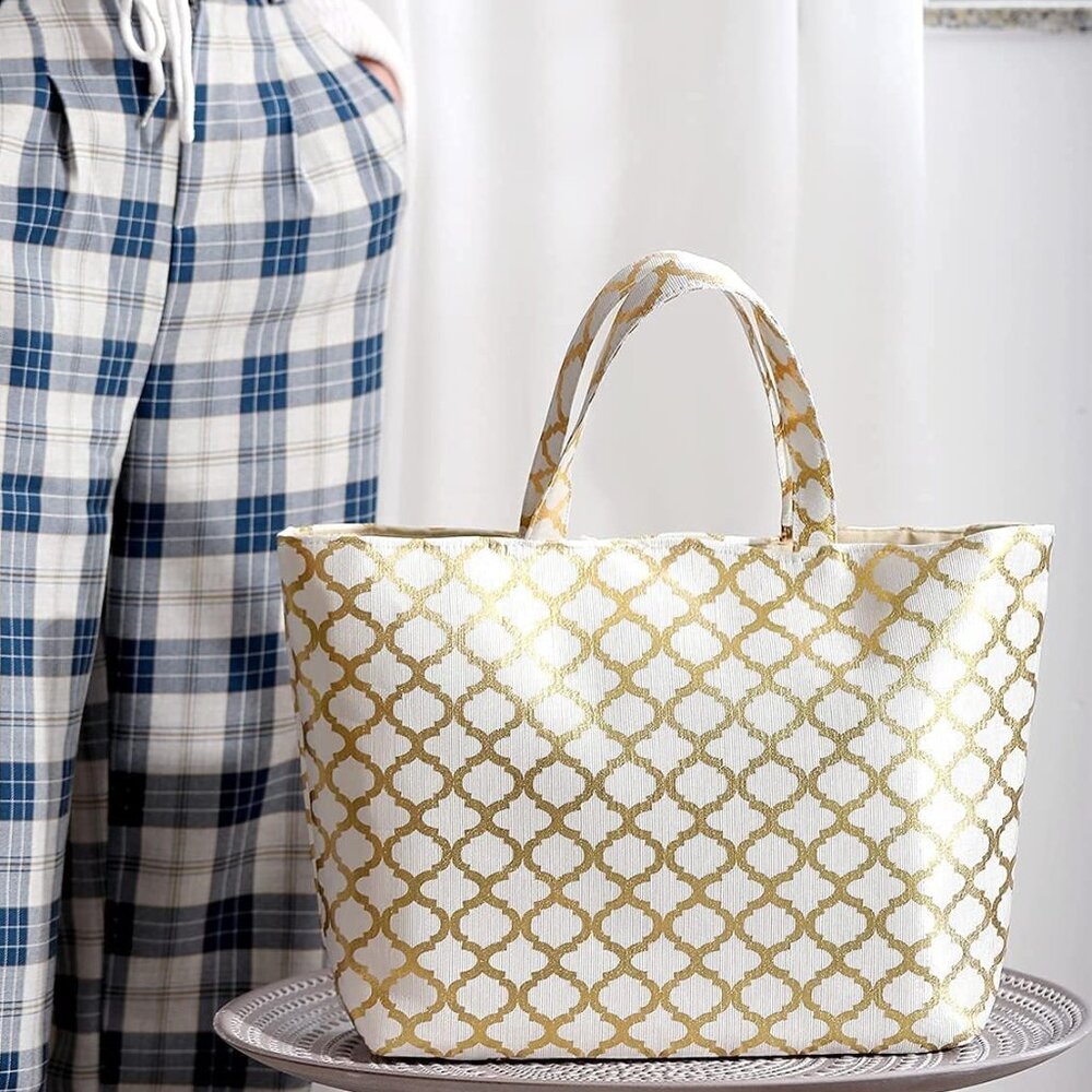 Spa Luxetique Tote in Cream and Gold Moroccan Pattern Bag Only NWOT